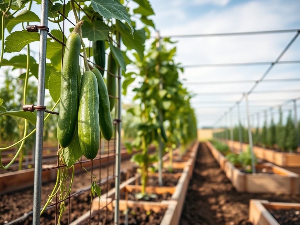 Cucuruz verde atârnând de un suport într-o seră, cu pajiști organizate de legume pe fundal.