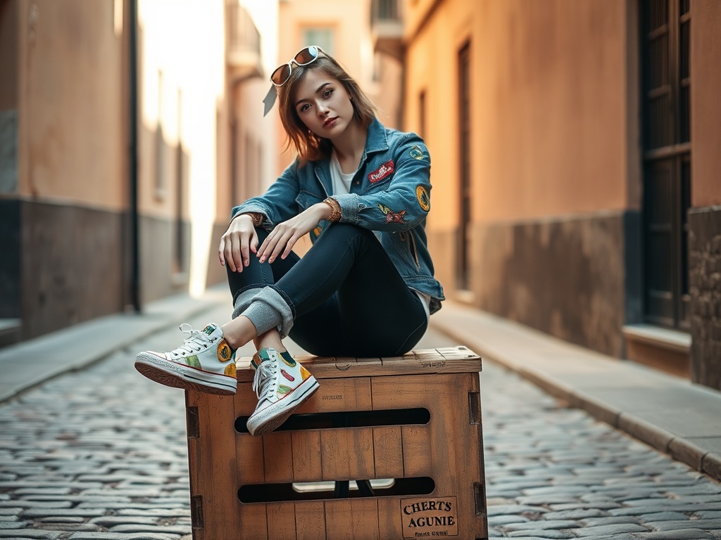O tânără stă pe o ladă de lemn, îmbrăcată într-o jachetă de jeanși, pe o stradă liniștită.