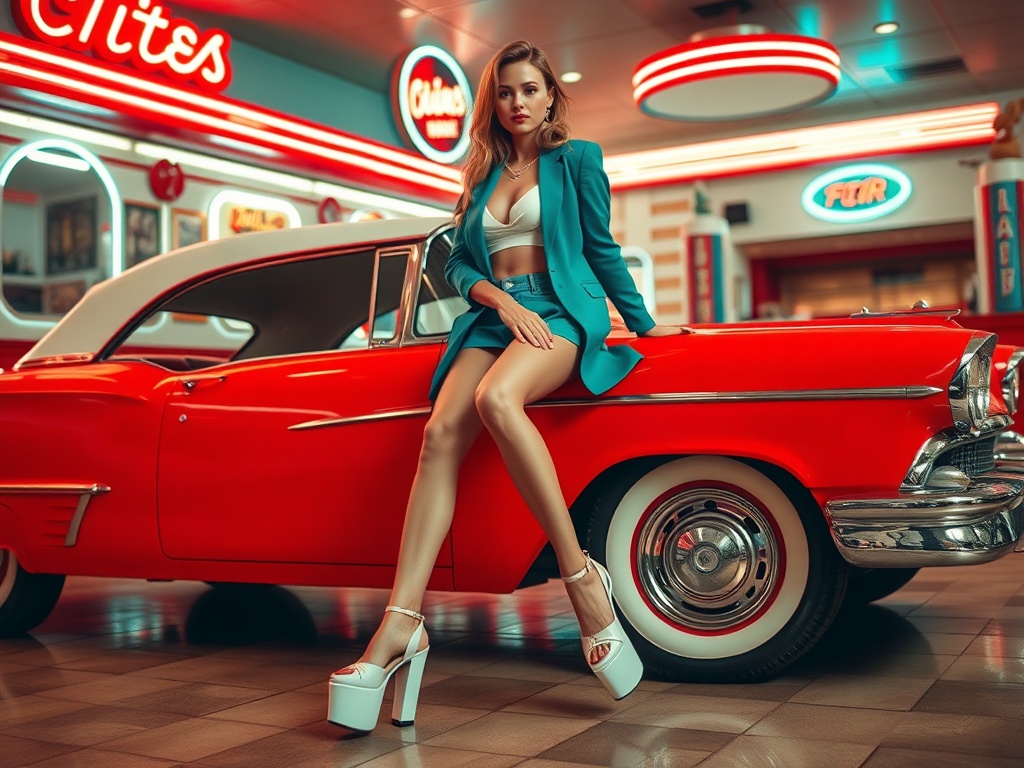 Femeie elegantă îmbrăcată într-un costum albastru, stând pe un automobil roșu retro într-un decor stilizat.