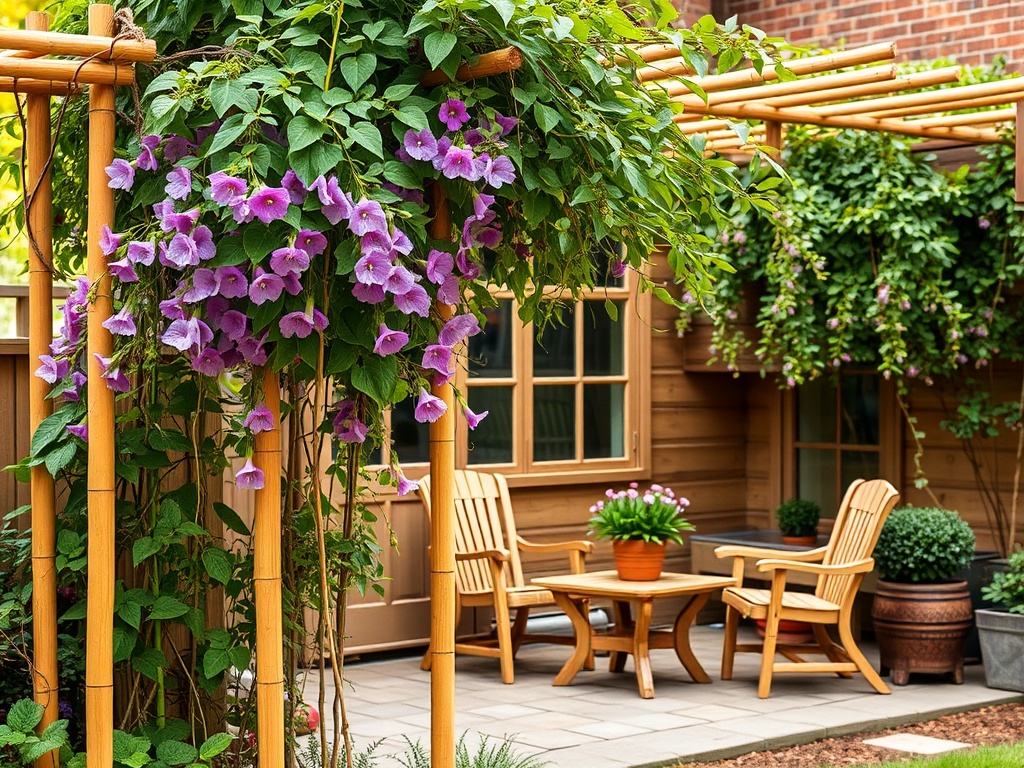 Curtea frumos decorată cu plante verzi și flori mov, cu un colț de relaxare și mese din lemn.