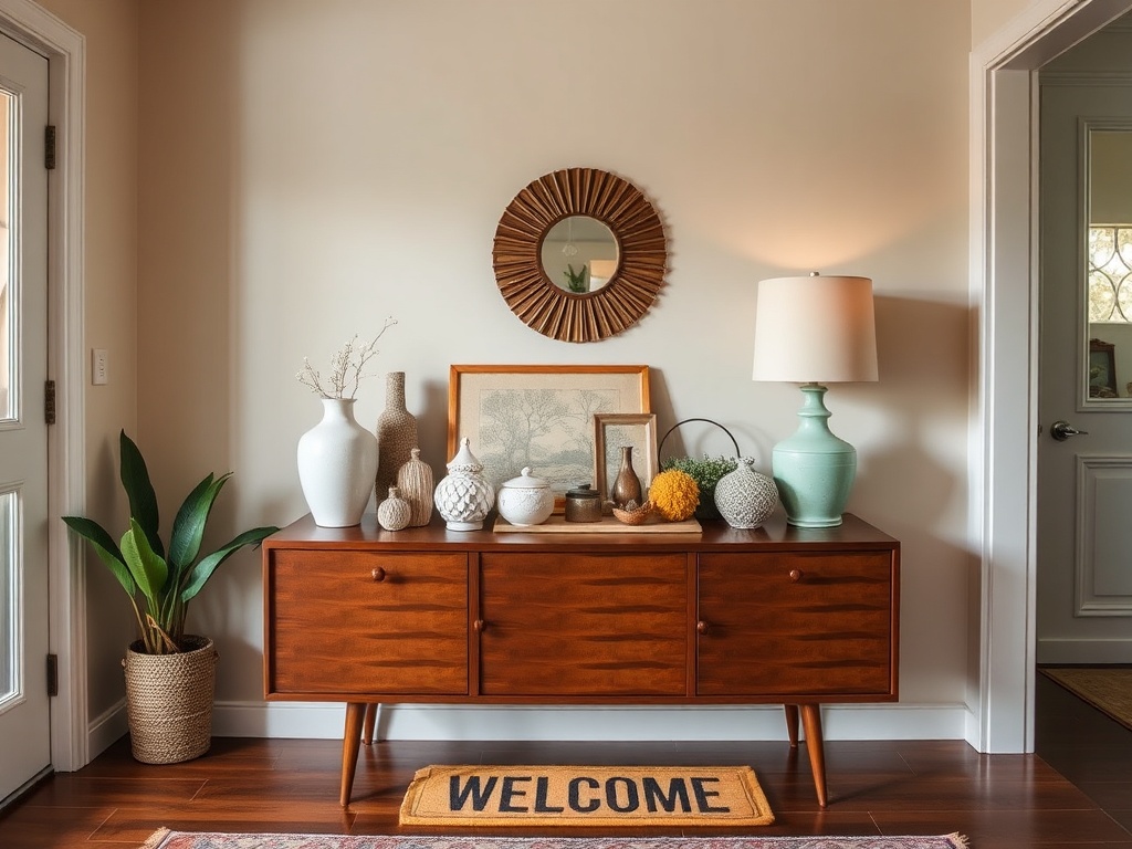 O cameră primitoare, cu un mobilier din lemn, plante ornamentale și decor elegant pe birou. Covor inscripționat "WELCOME".